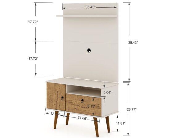 Manhattan Comfort Tribeca 35.43 Mid-Century Modern TV Stand and Panel with Media and Display Shelves in Off White and Nature