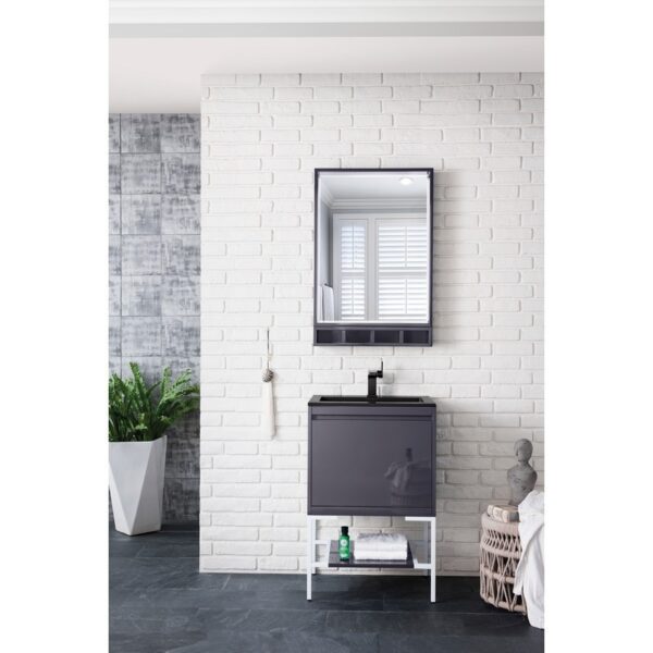 James Martin 801V23.6MGGGWCHB Milan 23.6 Inch Single Vanity Cabinet in Modern Grey Glossy and Glossy White with Charcoal Black Composite Top