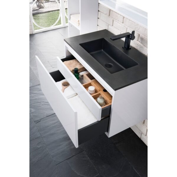 James Martin 801V31.5GWCHB Milan 31.5 Inch Single Vanity Cabinet in Glossy White with Charcoal Black Composite Top