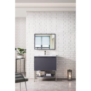 James Martin 801V31.5MGGBNKGW Milan 31.5 Inch Single Vanity Cabinet in Modern Grey Glossy and Brushed Nickel with Glossy White Composite Top