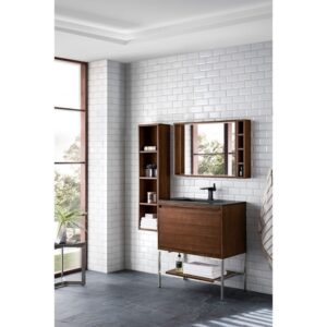 James Martin 801V31.5WLTBNKCHB Milan 31.5 Inch Single Vanity Cabinet in Mid Century Walnut and Brushed Nickel with Charcoal Black Composite Top