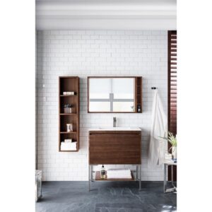 James Martin 801V31.5WLTBNKGW Milan 31.5 Inch Single Vanity Cabinet in Mid Century Walnut and Brushed Nickel with Glossy White Composite Top