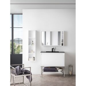 James Martin 801V35.4GWBNKCHB Milan 35.4 Inch Single Vanity Cabinet in Glossy White and Brushed Nickel with Charcoal Black Composite Top