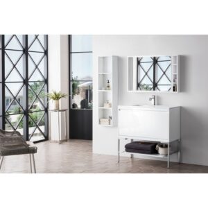 James Martin 801V35.4GWBNKGW Milan 35.4 Inch Single Vanity Cabinet in Glossy White and Brushed Nickel with Glossy White Composite Top