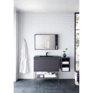 James Martin 801V35.4MGGBNKCHB Milan 35.4 Inch Single Vanity Cabinet in Modern Grey Glossy and Brushed Nickel with Charcoal Black Composite Top