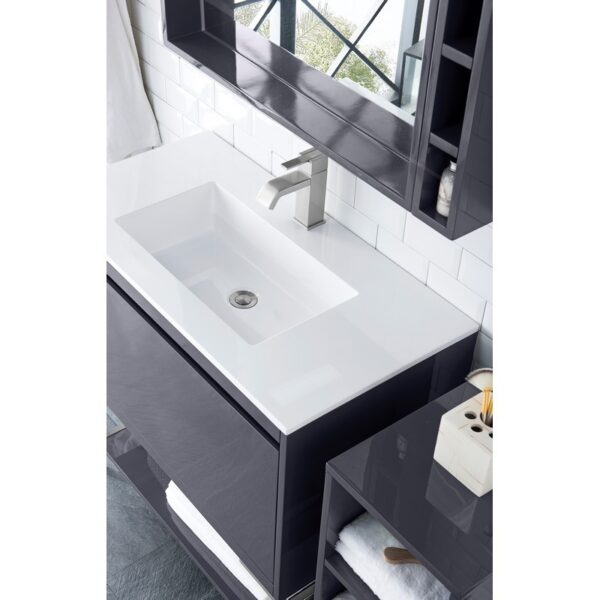 James Martin 801V35.4MGGBNKGW Milan 35.4 Inch Single Vanity Cabinet in Modern Grey Glossy and Brushed Nickel with Glossy White Composite Top