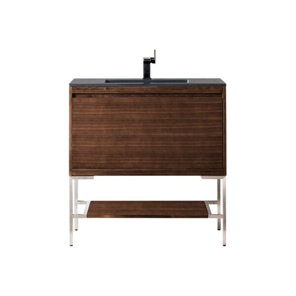 James Martin 801V35.4WLTBNKCHB Milan 35.4 Inch Single Vanity Cabinet in Mid Century Walnut and Brushed Nickel with Charcoal Black Composite Top