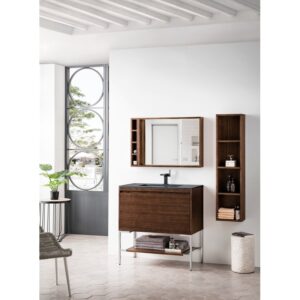 James Martin 801V35.4WLTBNKCHB Milan 35.4 Inch Single Vanity Cabinet in Mid Century Walnut and Brushed Nickel with Charcoal Black Composite Top