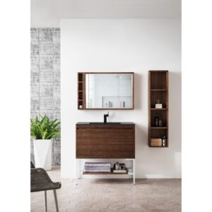 James Martin 801V35.4WLTGWCHB Milan 35.4 Inch Single Vanity Cabinet in Mid Century Walnut and Glossy White with Charcoal Black Composite Top