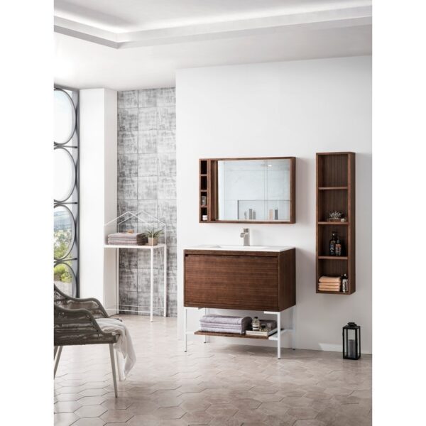 James Martin 801V35.4WLTGWGW Milan 35.4 Inch Single Vanity Cabinet in Mid Century Walnut and Glossy White with Glossy White Composite Top