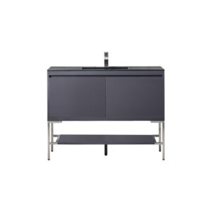 James Martin 801V47.3MGGBNKCHB Milan 47.3 Inch Single Vanity Cabinet in Modern Grey Glossy and Brushed Nickel with Charcoal Black Composite Top