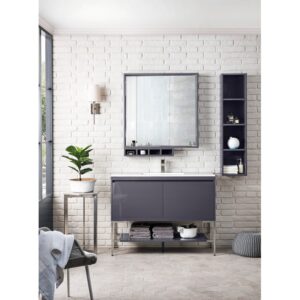 James Martin 801V47.3MGGBNKGW Milan 47.3 Inch Single Vanity Cabinet in Modern Grey Glossy and Brushed Nickel with Glossy White Composite Top