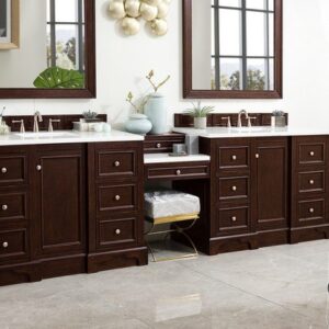 James Martin 825-V118-BNM-DU-AF De Soto 118 Inch Double Vanity Set in Burnished Mahogany with Makeup Table with 3 cm Arctic Fall Solid Surface Top