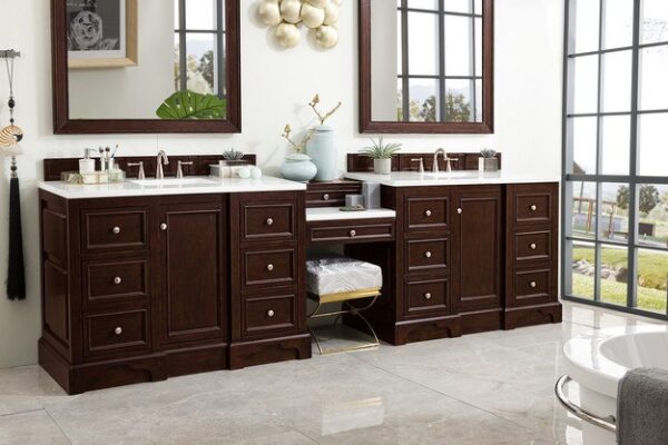 James Martin 825-V118-BNM-DU-AF De Soto 118 Inch Double Vanity Set in Burnished Mahogany with Makeup Table with 3 cm Arctic Fall Solid Surface Top