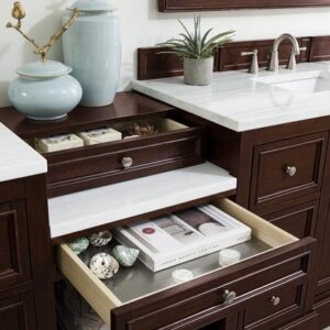 James Martin 825-V118-BNM-DU-CAR De Soto 118 Inch Double Vanity Set in Burnished Mahogany with Makeup Table with 3 cm Carrara Marble Top