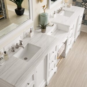 James Martin 825-V118-BW-DU-AF De Soto 118 Inch Double Vanity Set in Bright White with Makeup Table with 3 cm Arctic Fall Solid Surface Top