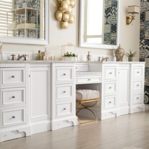 James Martin 825-V118-BW-DU-CAR De Soto 118 Inch Double Vanity Set in Bright White with Makeup Table with 3 cm Carrara Marble Top