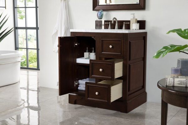 James Martin 825-V30-BNM-3AF De Soto 31 Inch Single Vanity in Burnished Mahogany with 3 cm Arctic Fall Solid Surface Top