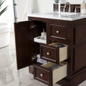 James Martin 825-V30-BNM-3CAR De Soto 31 Inch Single Vanity in Burnished Mahogany with 3 cm Carrara Marble Top