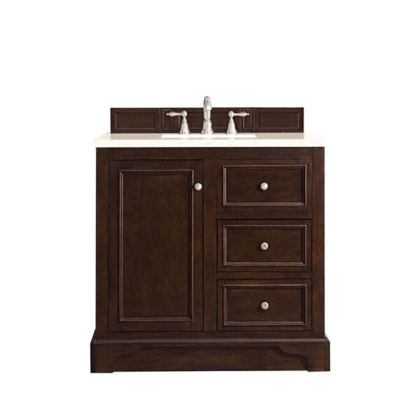 James Martin 825-V36-BNM-3EMR De Soto 36 Inch Single Vanity in Burnished Mahogany with 3 CM Eternal Marfil Quartz Top