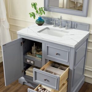 James Martin 825-V36-SL-3ENC De Soto 37 1/4 Inch Single Vanity Cabinet with Ethereal Noctis Quartz Top - Silver Gray