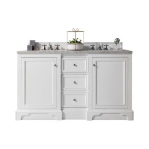 James Martin 825-V60D-BW-3CAR De Soto 61 Inch Double Vanity in Bright White with 3 cm Carrara Marble Top