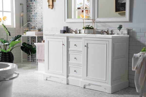 James Martin 825-V60D-BW-3ENC De Soto 61 1/4 Inch Double Vanity Cabinet with Ethereal Noctis Quartz Top - Bright White