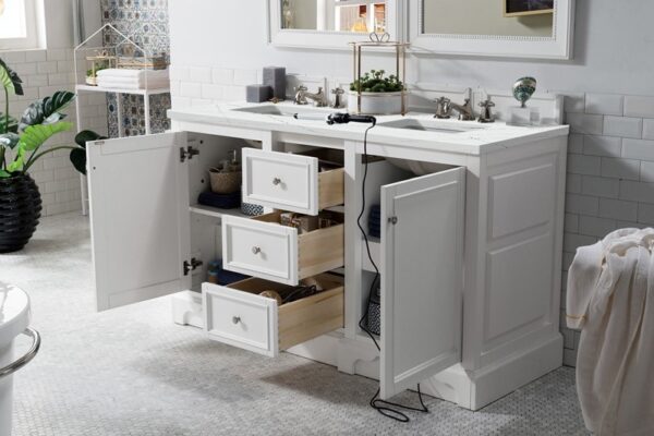 James Martin 825-V60D-BW-3ENC De Soto 61 1/4 Inch Double Vanity Cabinet with Ethereal Noctis Quartz Top - Bright White