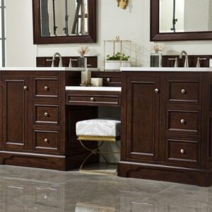 James Martin 825-V82-BNM-DU-CAR De Soto 83 Inch Double Vanity Set in Burnished Mahogany with Makeup Table with 3 cm Carrara Marble Top