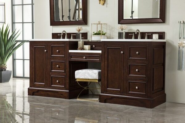 James Martin 825-V82-BNM-DU-AF De Soto 83 Inch Double Vanity Set in Burnished Mahogany with Makeup Table with 3 cm Arctic Fall Solid Surface Top