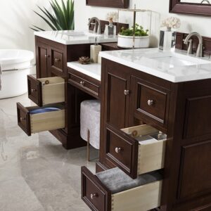 James Martin 825-V82-BNM-DU-AF De Soto 83 Inch Double Vanity Set in Burnished Mahogany with Makeup Table with 3 cm Arctic Fall Solid Surface Top