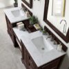 James Martin 825-V82-BNM-DU-CAR De Soto 83 Inch Double Vanity Set in Burnished Mahogany with Makeup Table with 3 cm Carrara Marble Top