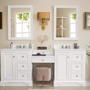 James Martin 825-V82-BW-DU-CAR De Soto 83 Inch Double Vanity Set in Bright White with Makeup Table with 3 cm Carrara Marble Top