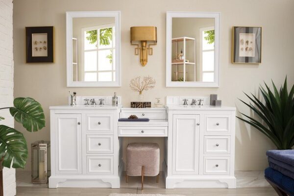 James Martin 825-V82-BW-DU-CAR De Soto 83 Inch Double Vanity Set in Bright White with Makeup Table with 3 cm Carrara Marble Top