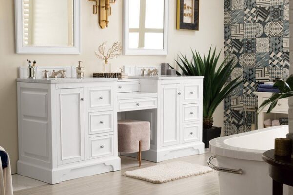 James Martin 825-V82-BW-DU-CAR De Soto 83 Inch Double Vanity Set in Bright White with Makeup Table with 3 cm Carrara Marble Top