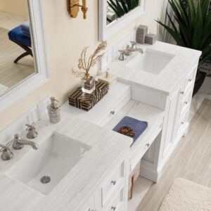 James Martin 825-V82-BW-DU-AF De Soto 83 Inch Double Vanity Set in Bright White with Makeup Table with 3 cm Arctic Fall Solid Surface Top