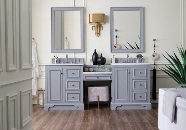 James Martin 825-V82-SL-DU-CAR De Soto 83 Inch Double Vanity Set in Silver Gray with Makeup Table with 3 cm Carrara Marble Top