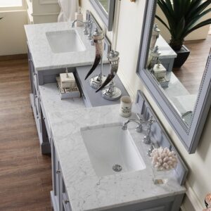 James Martin 825-V82-SL-DU-CAR De Soto 83 Inch Double Vanity Set in Silver Gray with Makeup Table with 3 cm Carrara Marble Top