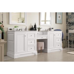 James Martin 825-V94-BW-DU-WZ De Soto 96 1/2 Inch Double Vanity with Set 3 CM White Zeus Quartz Top and Makeup Table in Bright White