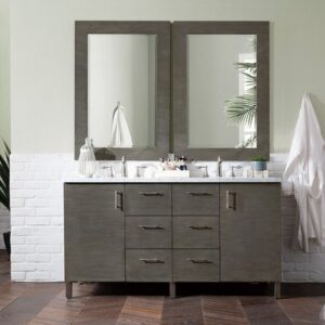 James Martin 850-V60D-SOK-3GEX Metropolitan 60 Inch Double Vanity in Silver Oak with 3 cm Grey Expo Quartz Top with Sink