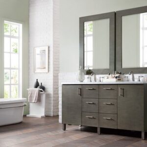 James Martin 850-V60D-SOK-3GEX Metropolitan 60 Inch Double Vanity in Silver Oak with 3 cm Grey Expo Quartz Top with Sink