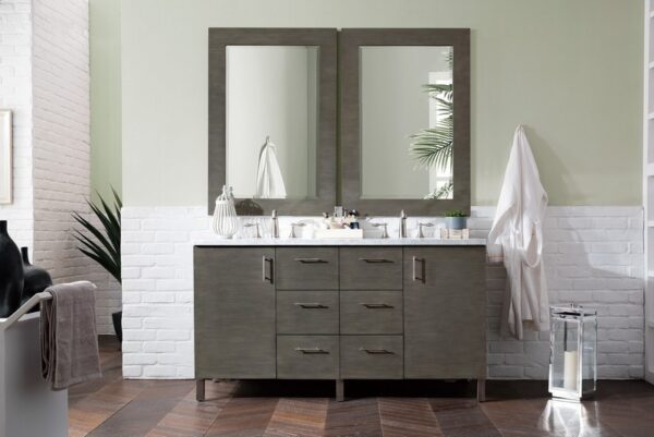 James Martin 850-V60D-SOK-3CAR Metropolitan 60 Inch Silver Oak Double Vanity with 3 cm Carrara Marble Top