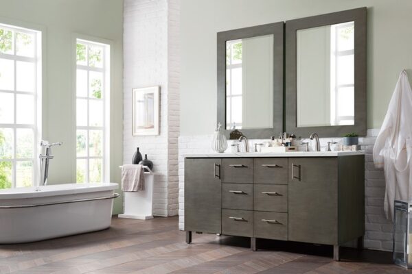 James Martin 850-V60D-SOK-3ENC Metropolitan 60 Inch Double Vanity Cabinet with Ethereal Noctis Quartz Top - Silver Oak