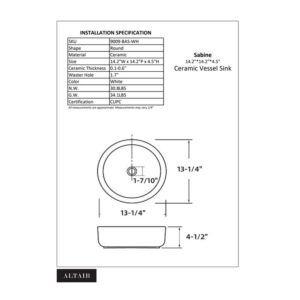 Altair 9009-BAS-WH Sabine 14 1/4 Inch Round Ceramic Vessel Bathroom Sink - White