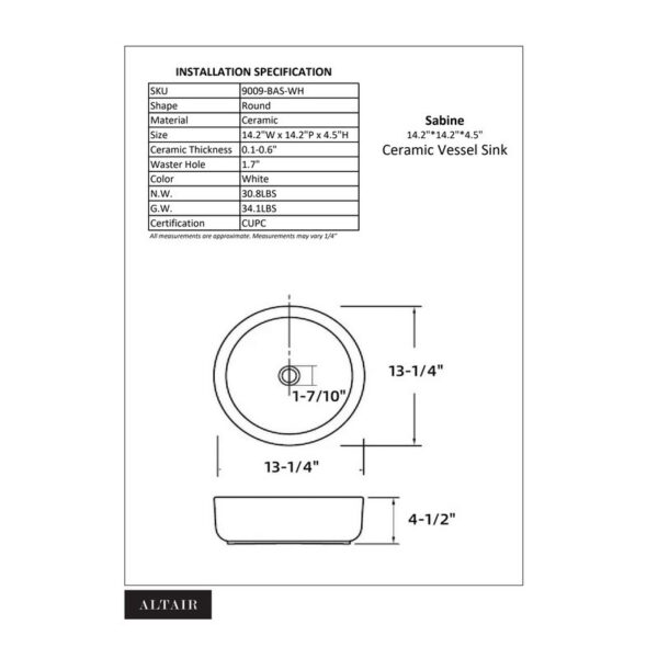 Altair 9009-BAS-WH Sabine 14 1/4 Inch Round Ceramic Vessel Bathroom Sink - White