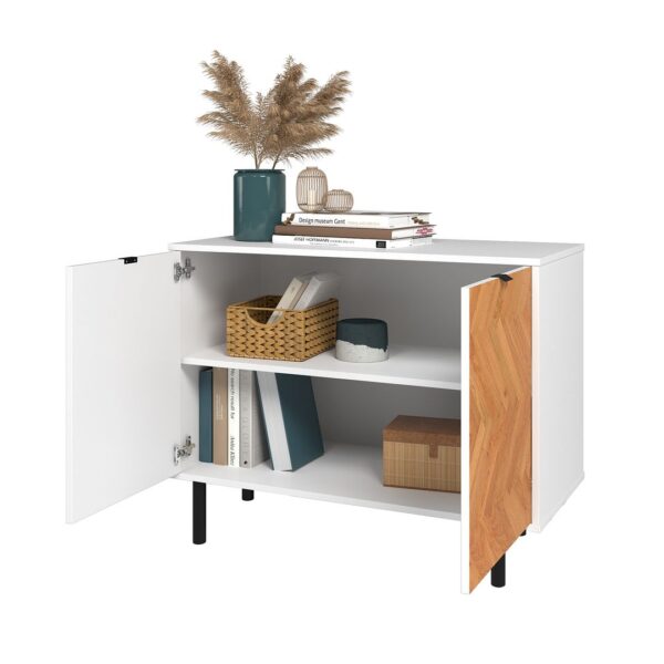 Manhattan Comfort Mid-Century Modern Liam Accent Cabinet with 2 Shelves in White and Wood