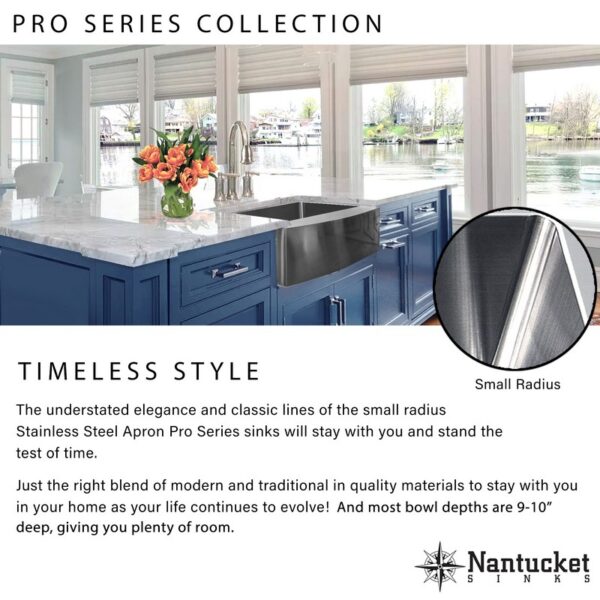 Nantucket EZApron33 Pro Series 33 Inch Single Bowl Undermount Stainless Steel Kitchen Sink with 7 Inch Apron Front