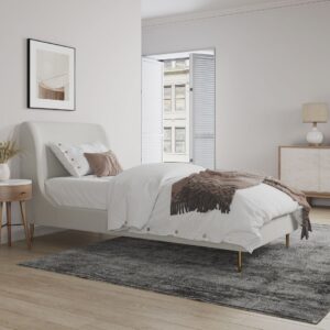 Manhattan Comfort Heather Velvet Twin Bed in Cream with Gold Legs