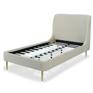 Manhattan Comfort Heather Velvet Twin Bed in Cream with Gold Legs