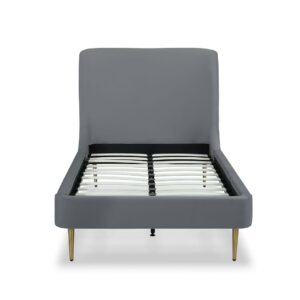 Manhattan Comfort Heather Velvet Twin Bed in Grey with Gold Legs